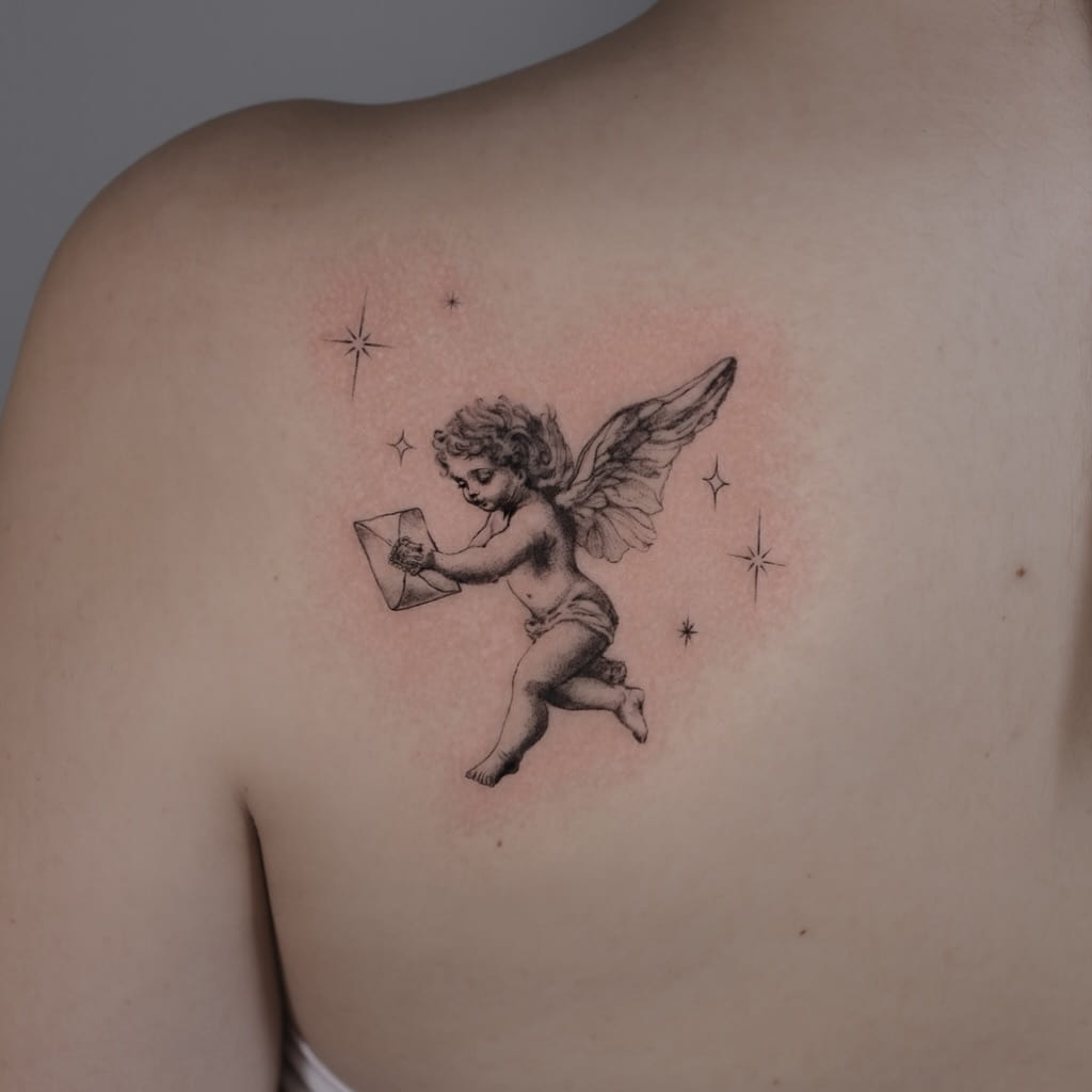 Cherub in flight carrying an envelope, with sparkles, micro realism, fine line tattoo