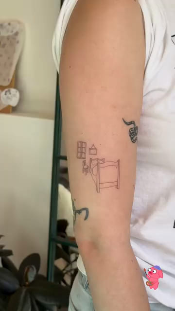 Small sketched bedroom scene, healed fine line tattoo, the day it was made