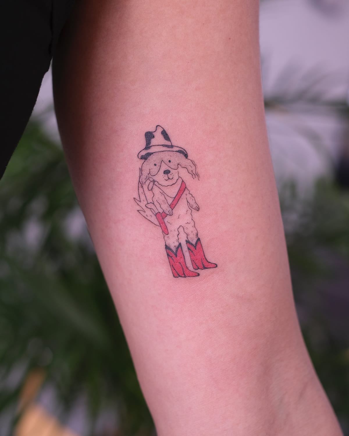 Shaggy dog in a cowboy hat and red boots, fine line tattoo