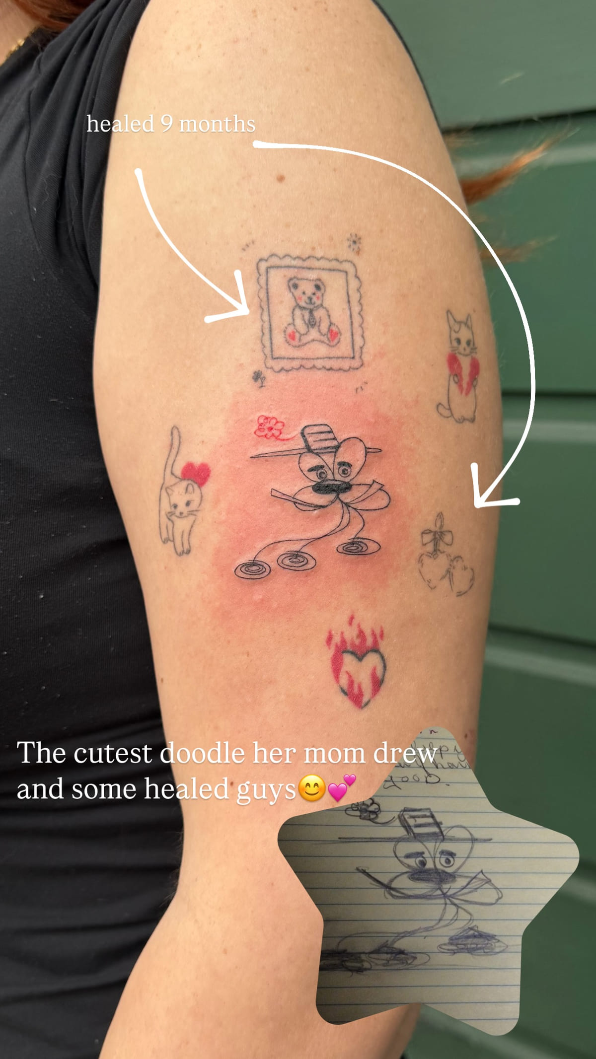 Small framed character, healed beside a new doodle, healed fine line tattoo
