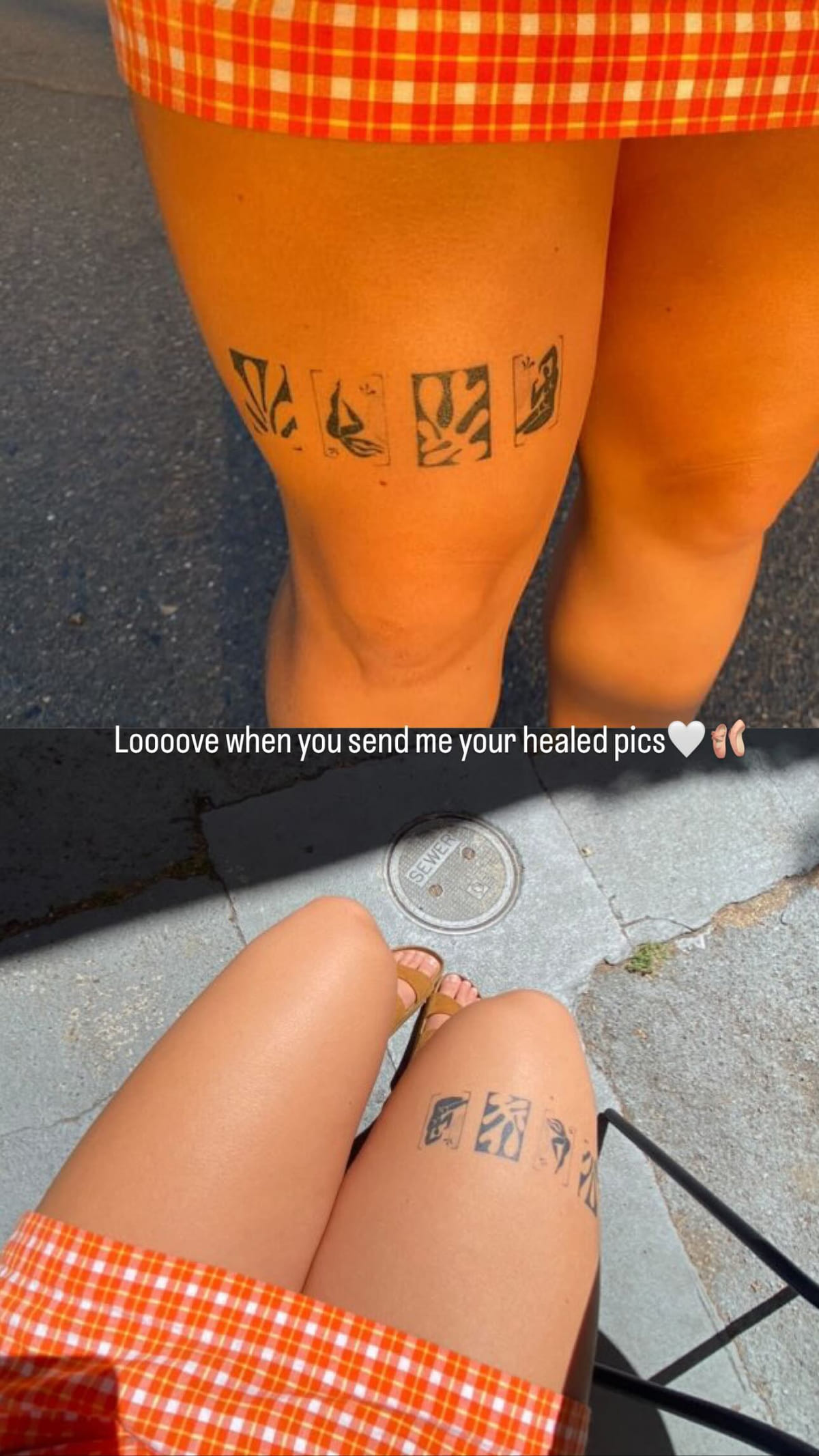 Matisse cut out band above the knee, healed fine line tattoo, healed