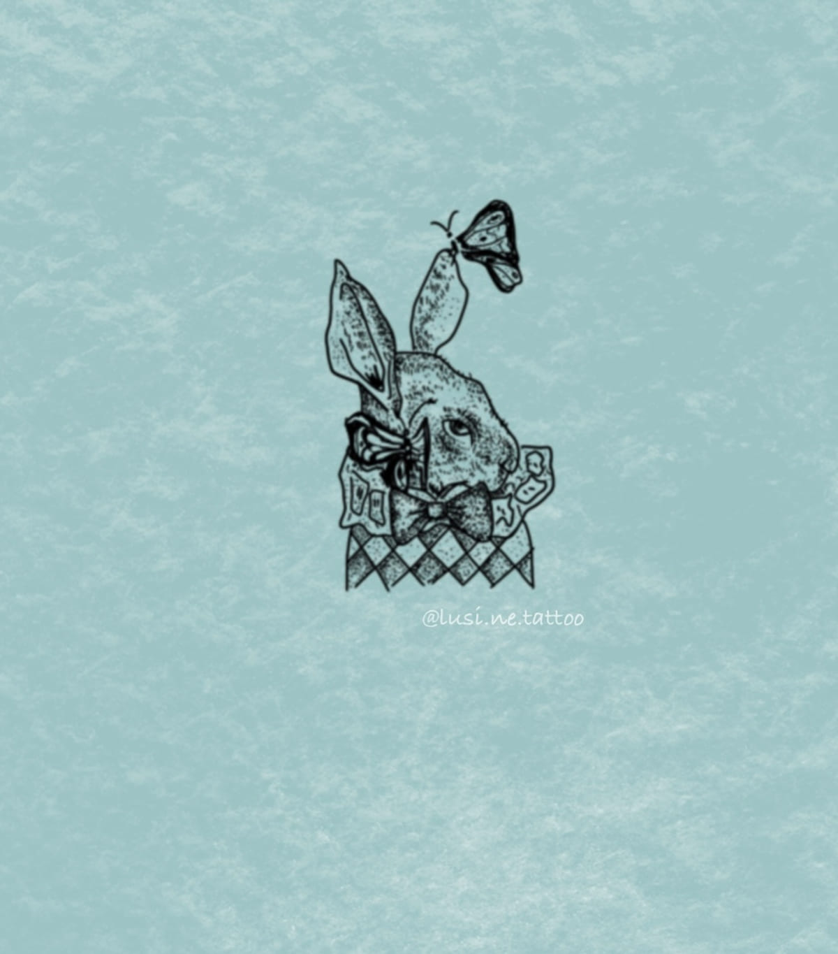 Rabbit in a harlequin collar with a moth