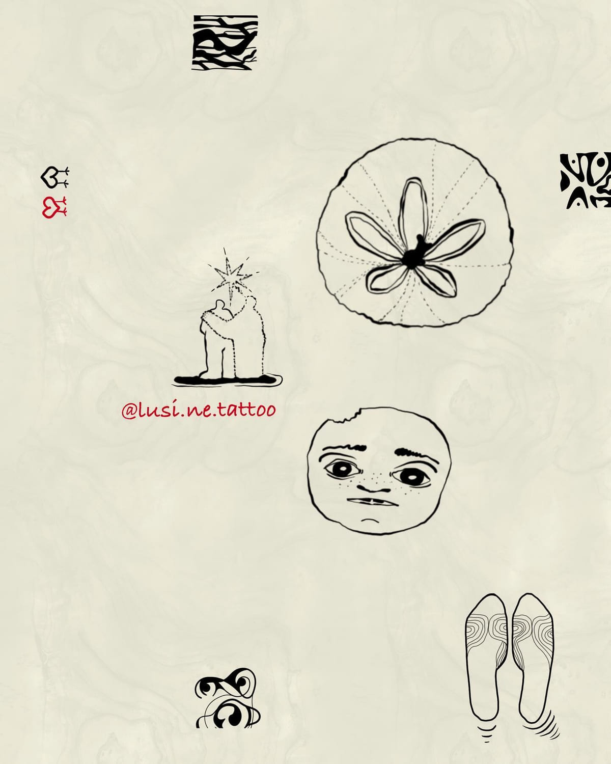 Sand dollar, hugging figures, a round face, swirl, pair of slippers