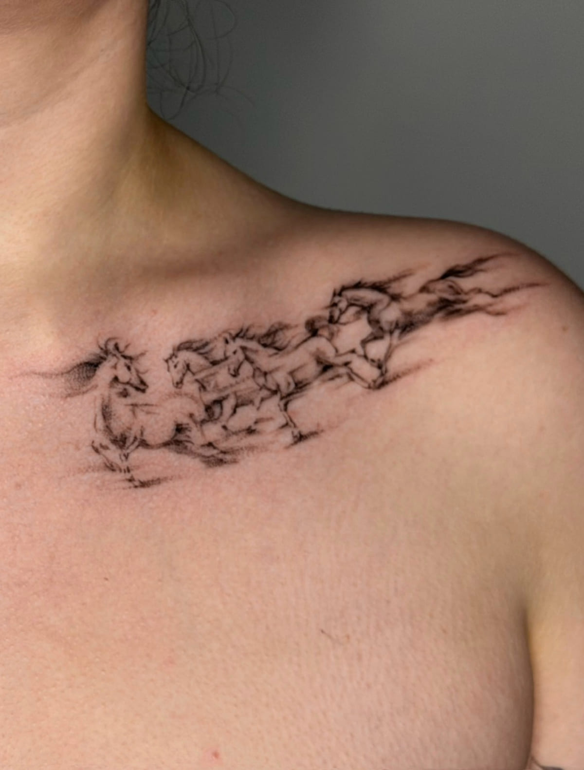 Herd of running horses in brushed ink style, fine line tattoo