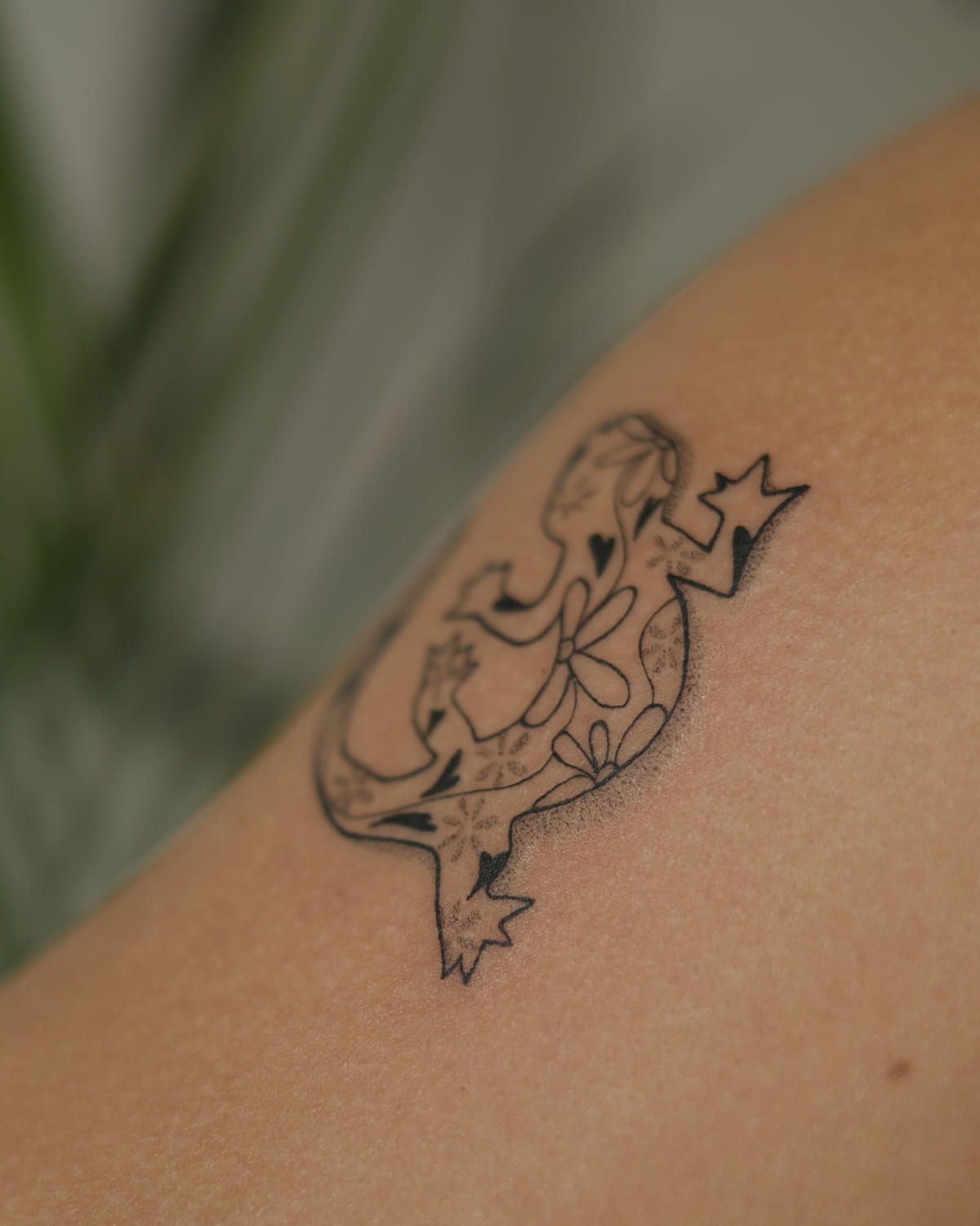 Flower filled gecko on a shoulder, healed fine line tattoo, the day it was made