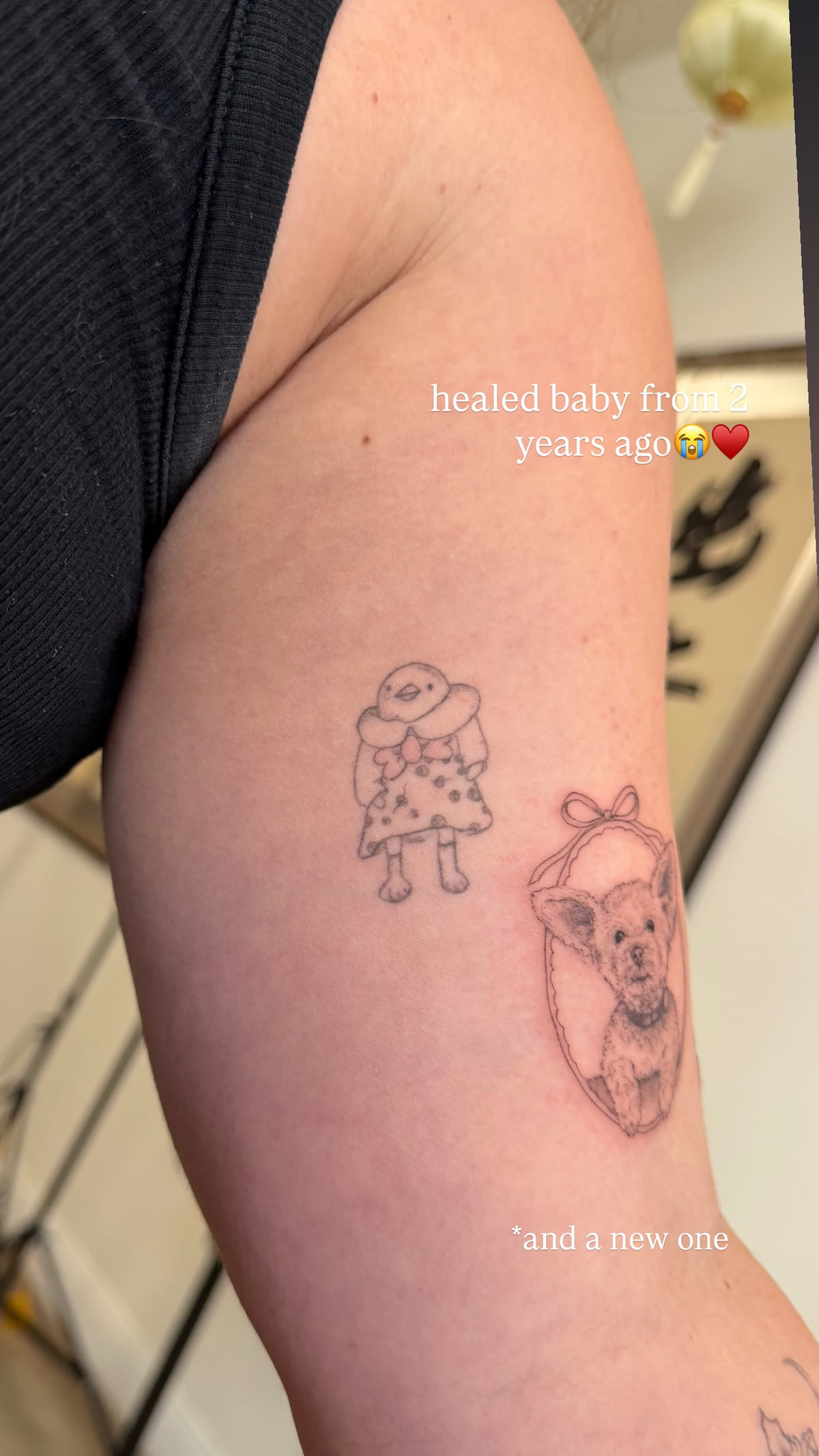 Small dressed character, healed for years, healed fine line tattoo