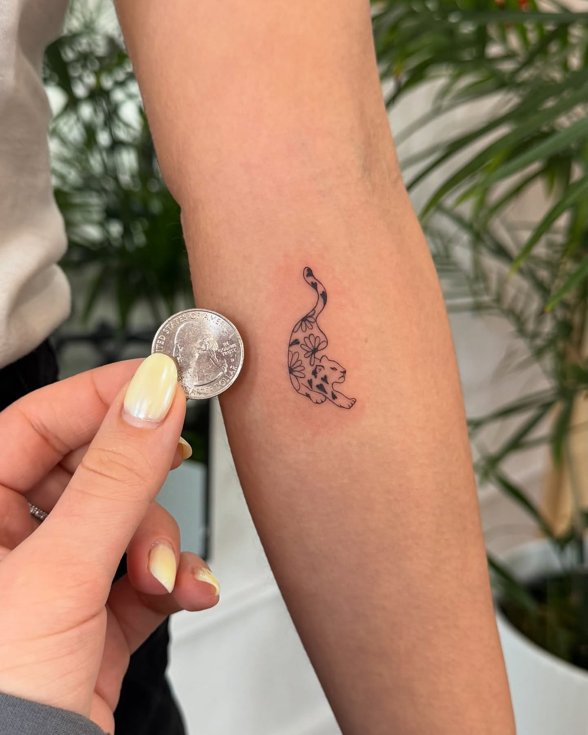 Tiny flower filled cat beside a quarter, fine line tattoo