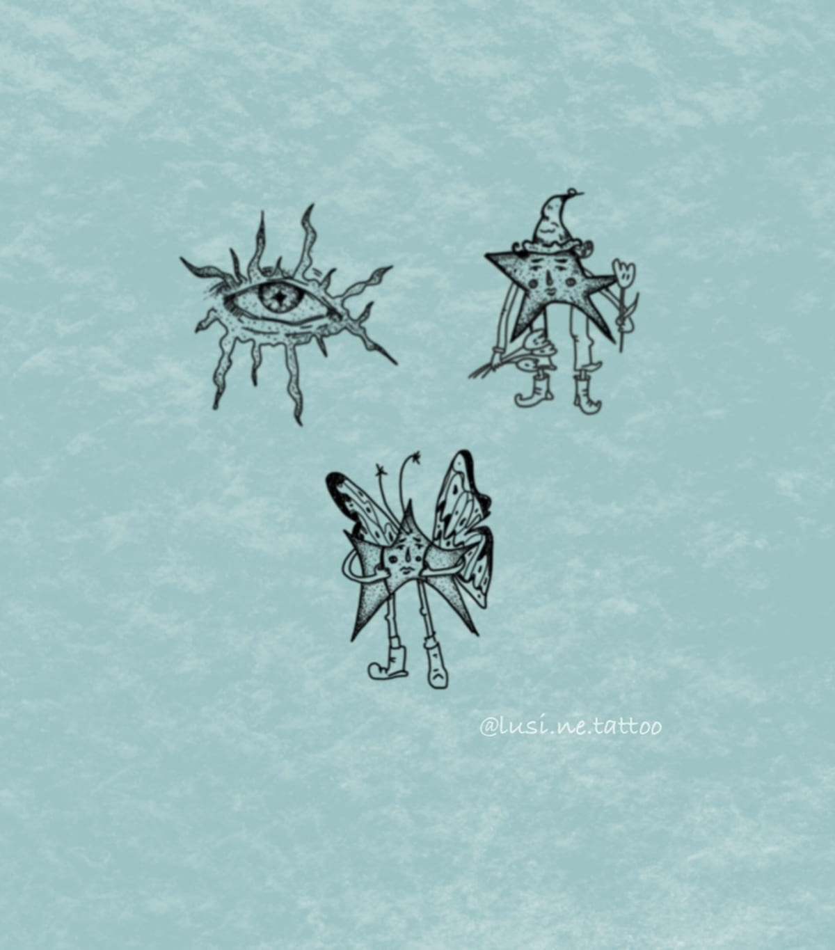 Three small designs: eye sun, star wizard, winged fairy in boots
