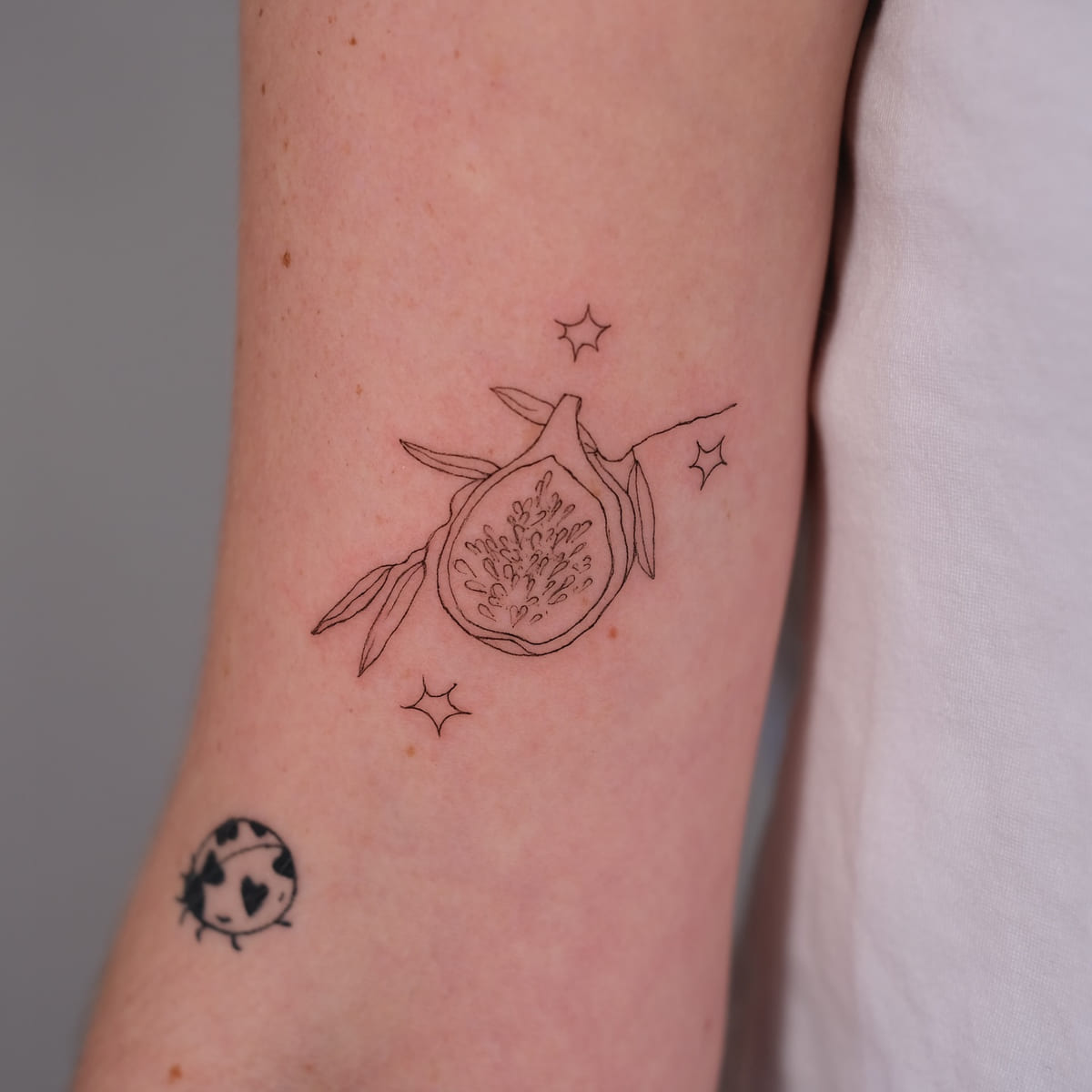 Halved fig on a branch with sparkles, fine line tattoo