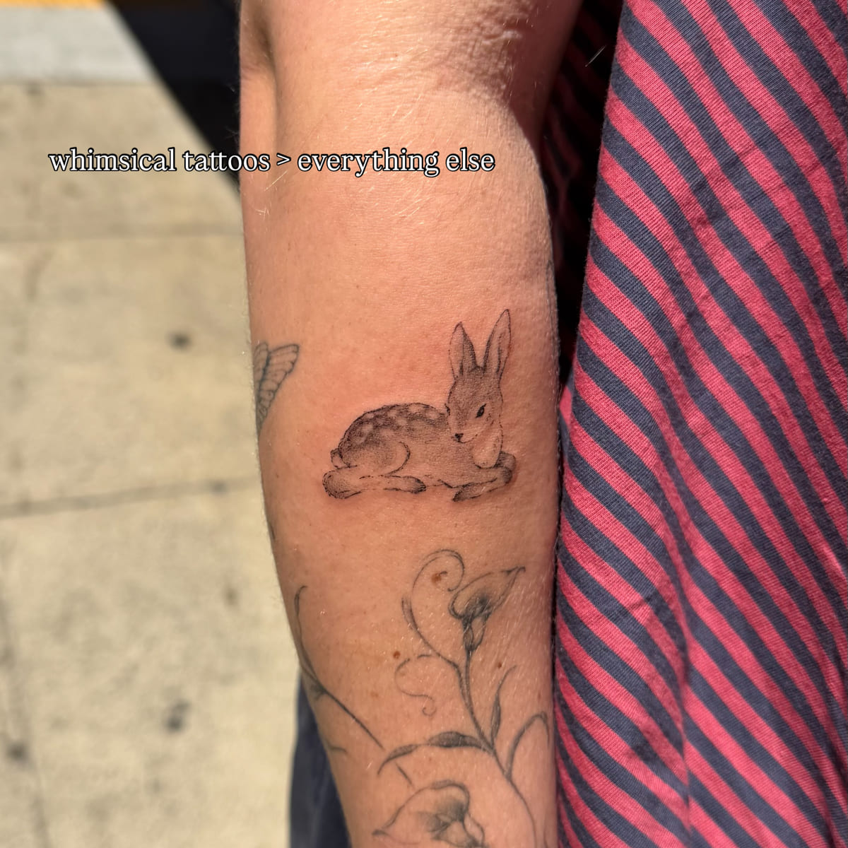 Resting fawn, fine line tattoo