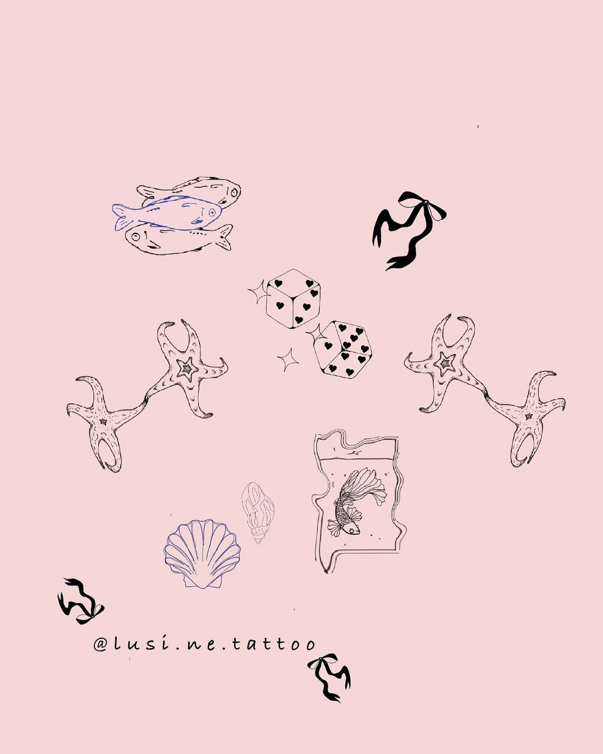 Fish, dice, starfish, shells, stamp with a fish