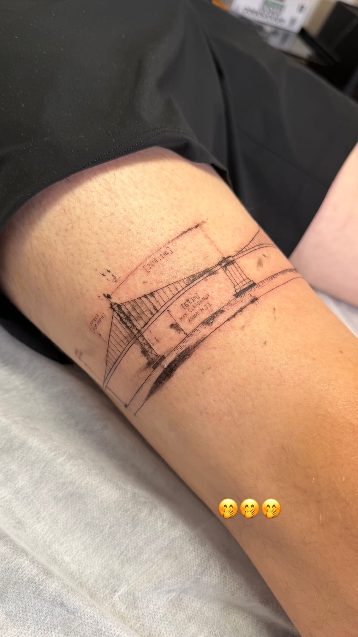 Suspension bridge in perspective lines, wrapping a thigh, fine line tattoo
