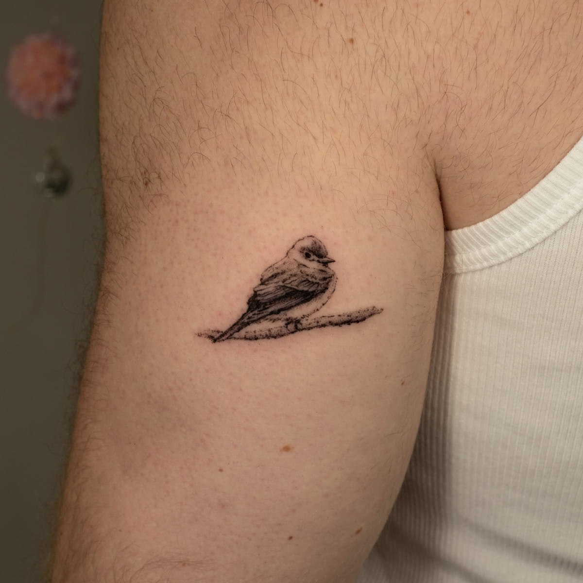 Small bird on a branch, realism, fine line tattoo