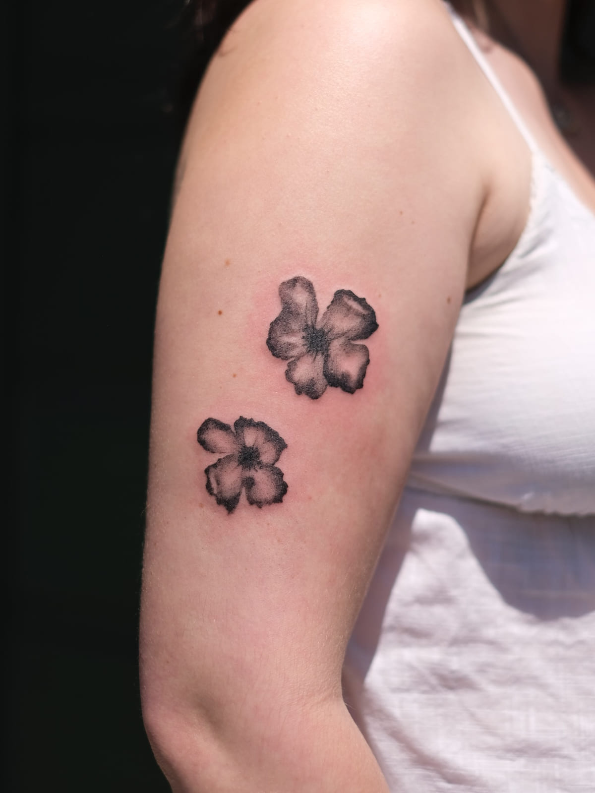 Two pansies in soft black shading, fine line tattoo