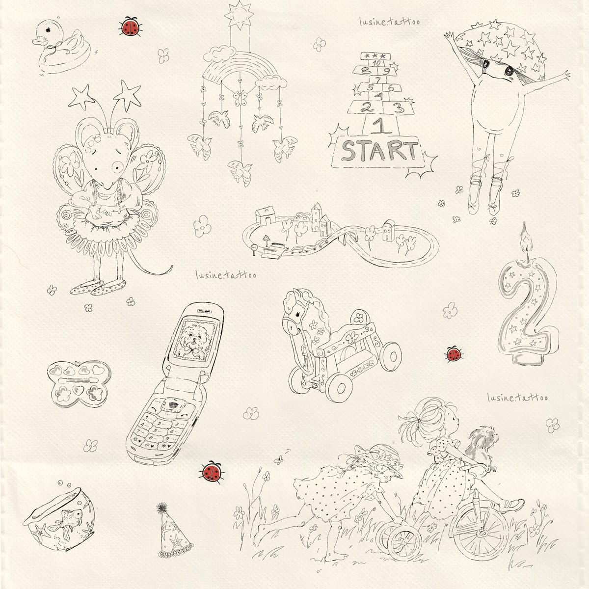 Childhood flash sheet: a rubber duck, red ladybugs, a bird mobile under a rainbow, a hopscotch court, a girl in a hat full of stars, a mouse fairy in a tutu, a toy train around a village, a birthday candle shaped like a two, a butterfly makeup palette, a flip phone with a dog on the screen, a rocking horse on wheels, a girl picking flowers, a girl on a bicycle with a dog in the basket, a goldfish bowl and a party hat