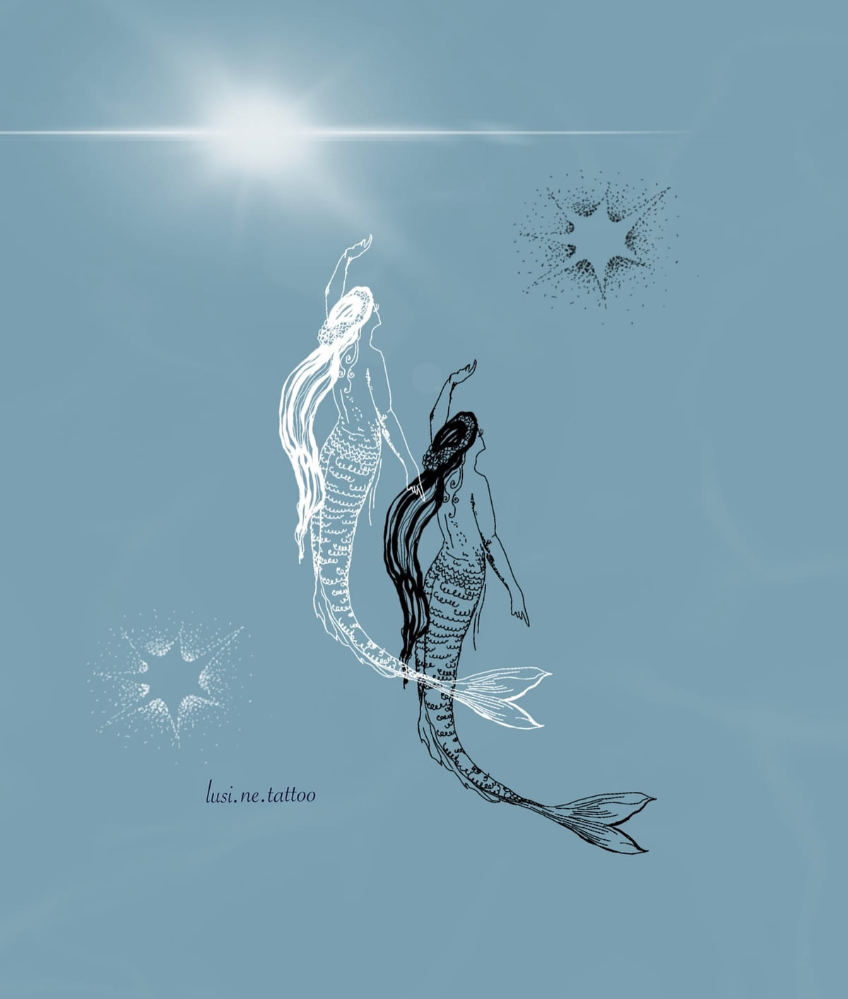 Mermaid reaching up, long hair, shown in black and in white