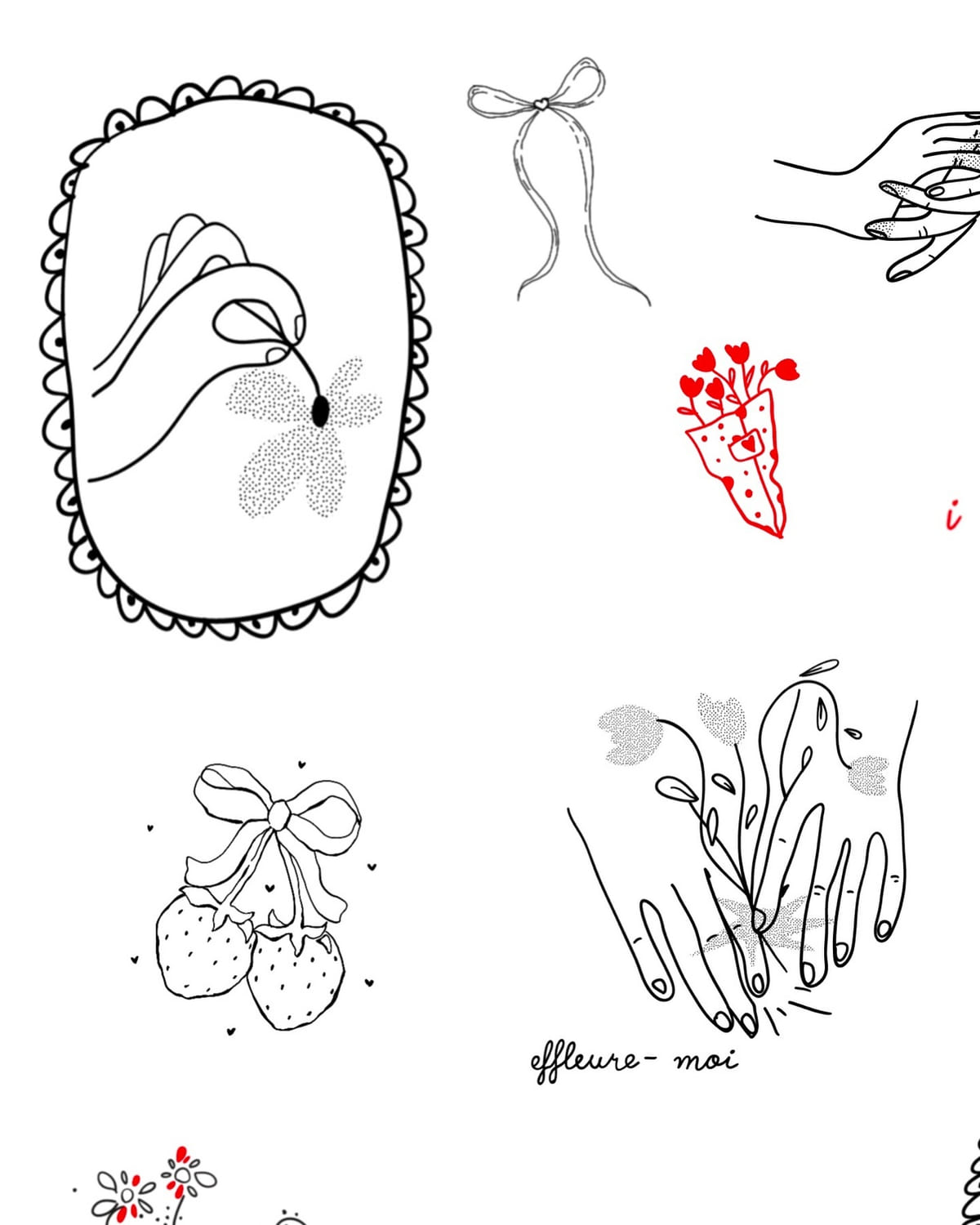 Crop of the hands sheet: framed hand with a flower, bow, strawberries, hands in flowers