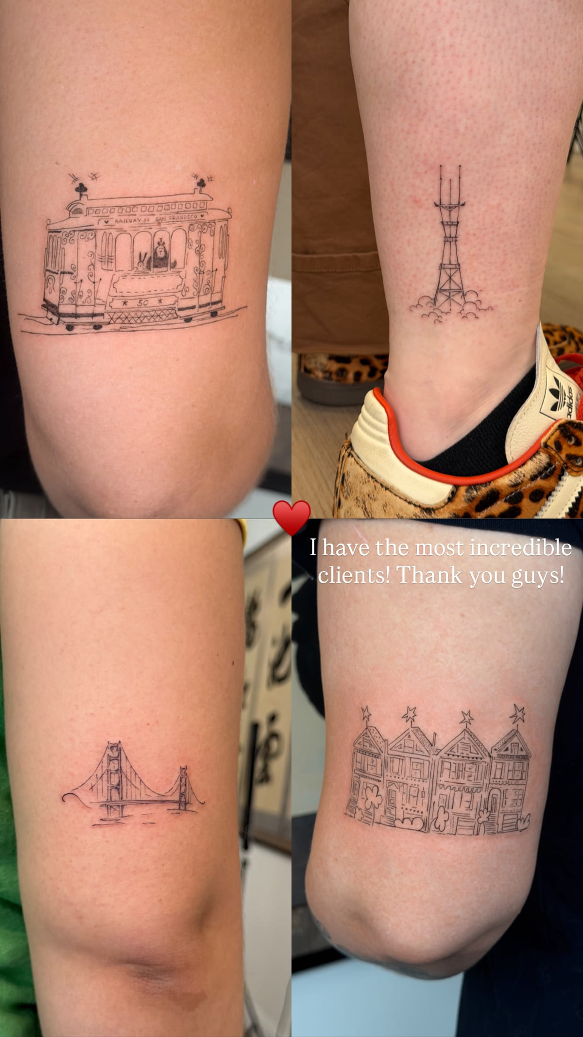 Four San Francisco flash pieces on four clients: cable car, Sutro Tower, Golden Gate Bridge, painted ladies, fine line tattoo