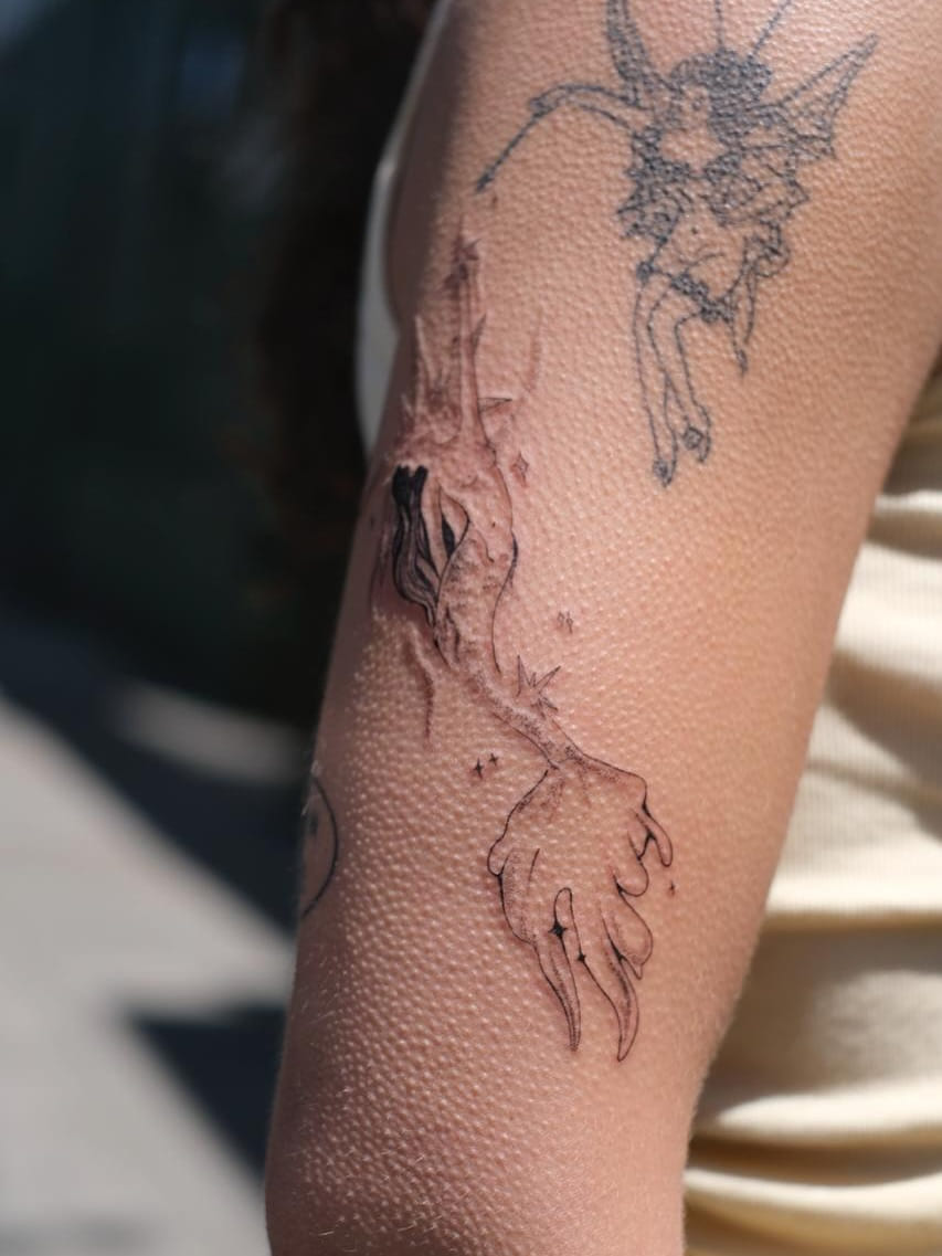 Mermaid in sunlight, fine line tattoo
