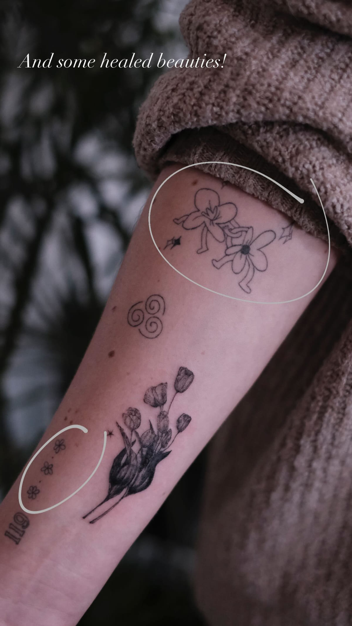 Healed pieces on a forearm, healed fine line tattoo
