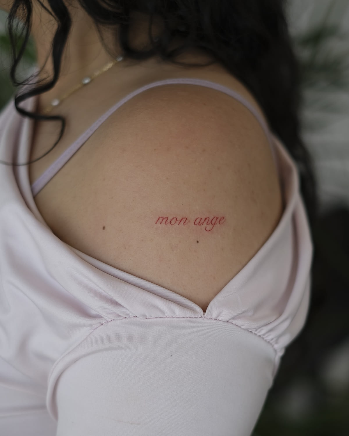 Script lettering: mon ange, fine line tattoo