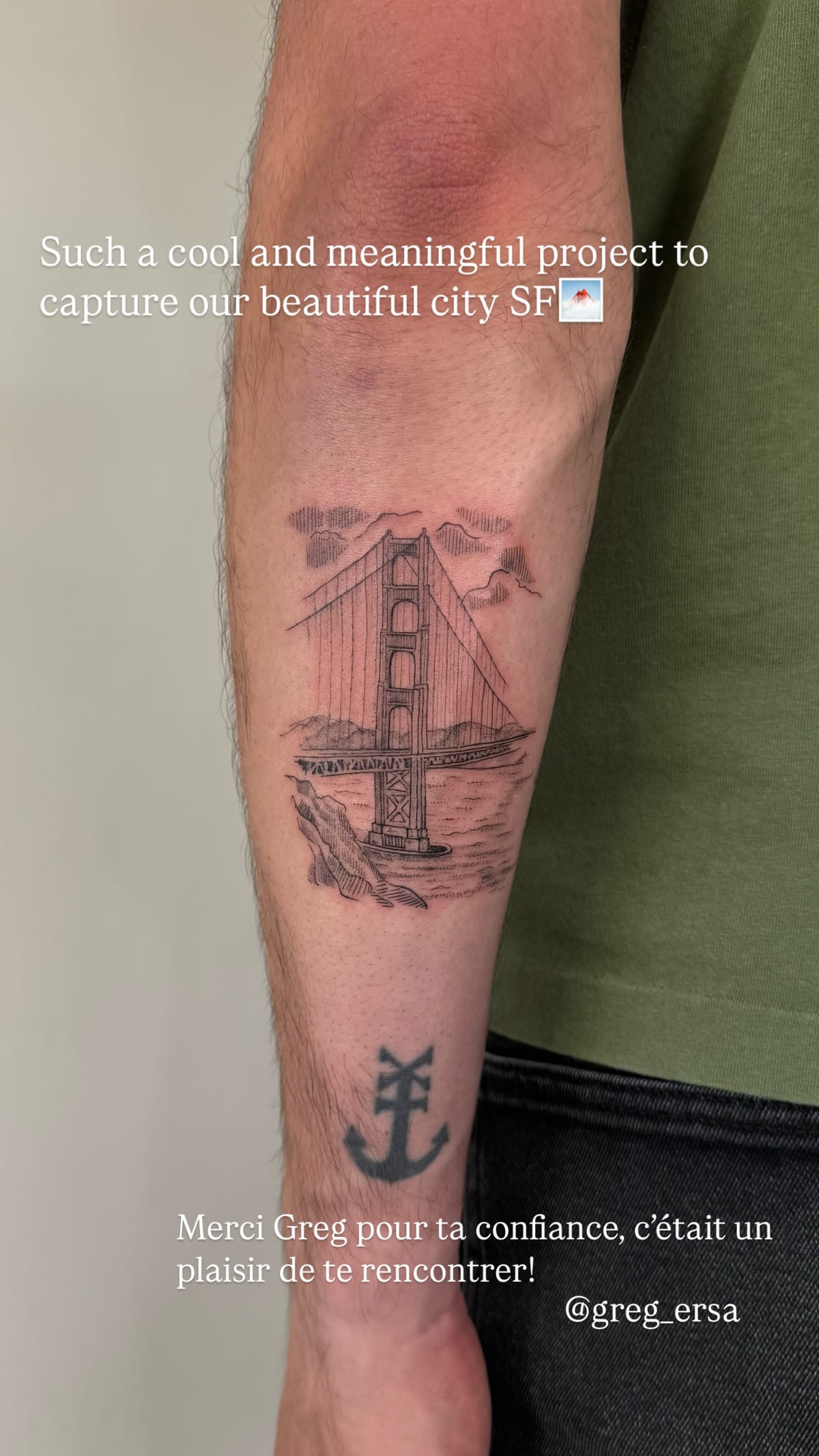 Golden Gate Bridge tower with an anchor, down a forearm, fine line tattoo