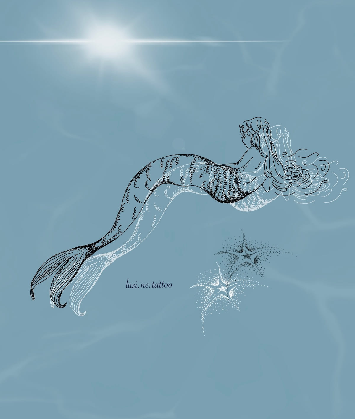 Swimming mermaid seen from behind, shown in black and in white