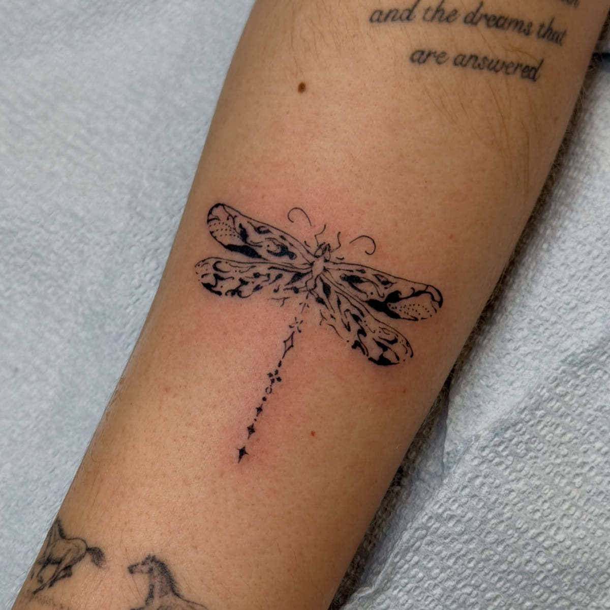 Ornamental dragonfly with beaded tail and stars, fine line tattoo