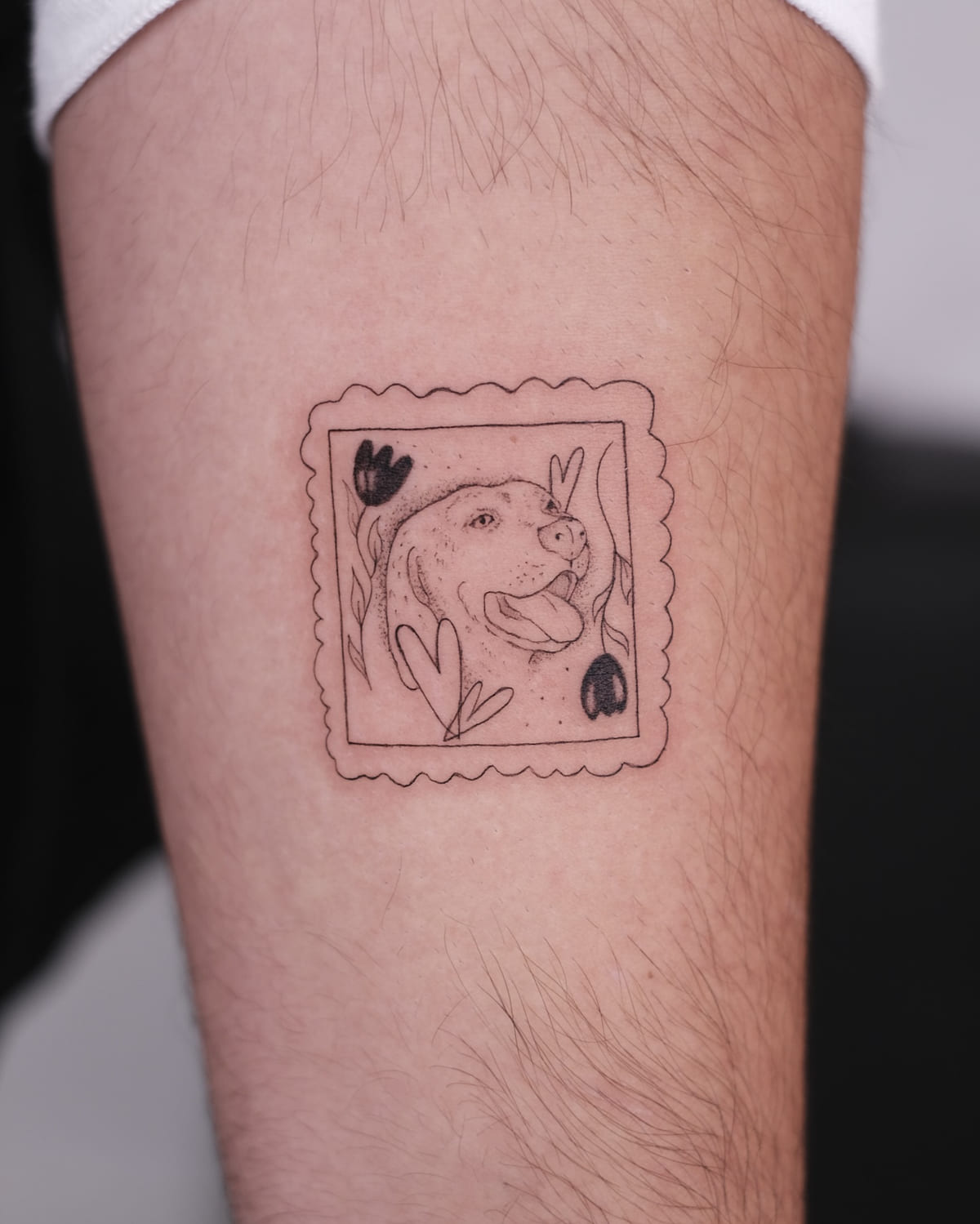Dog portrait inside a postage stamp with tulips, fine line tattoo
