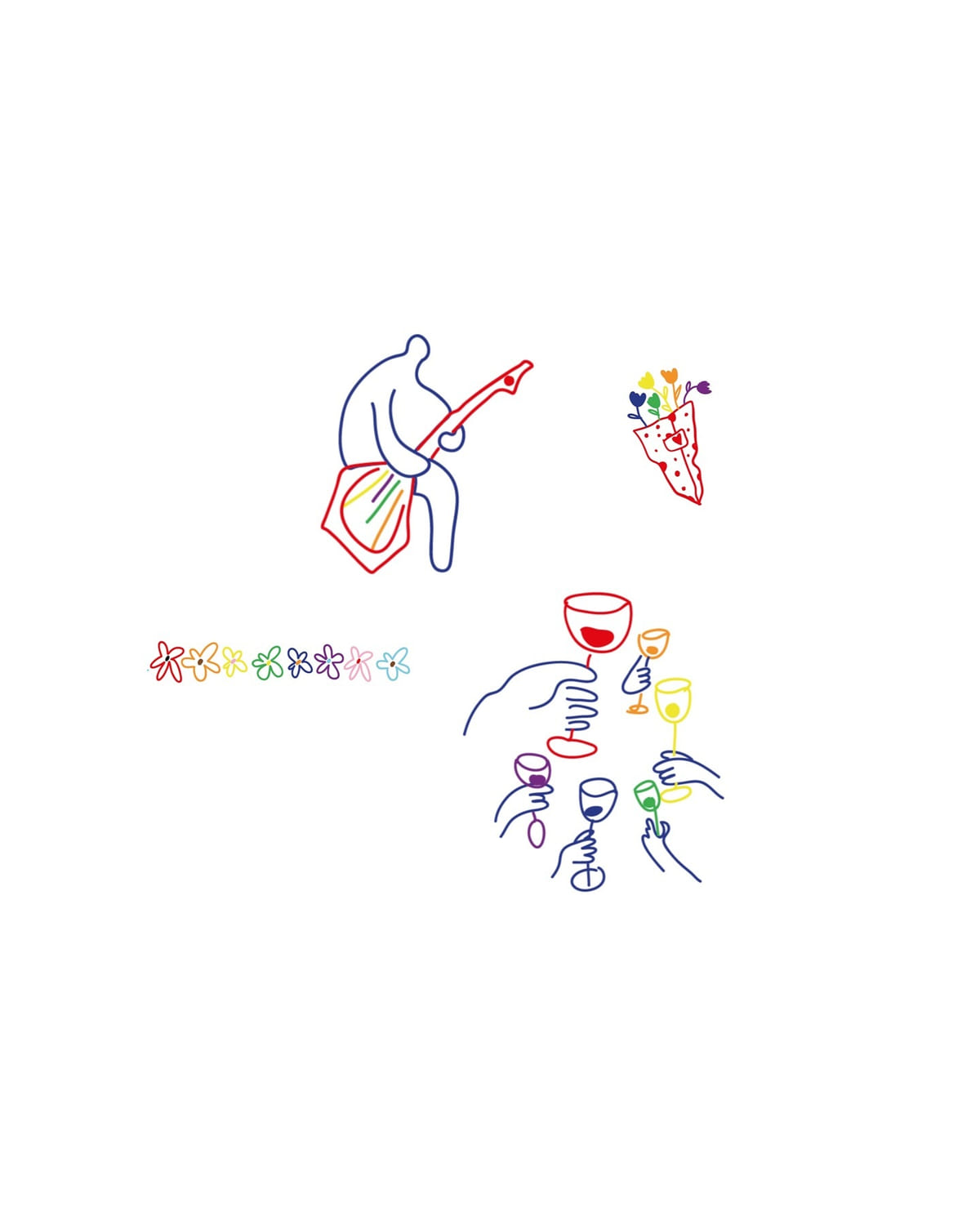 Guitarist, bouquet, flower chain, hands toasting